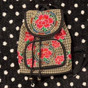 PRE-LOVED | Mexican Floral Embroidered Backpack - Black and Red